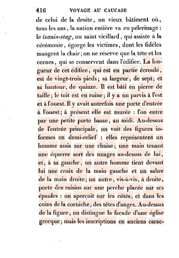 Тем временем к нам продолжает поступать информация из архивов и библиотек Франции. 

Темирханова Фатима, член команды «АСМ Групп», находящаяся постоянно в Париже, перевела отрывок из «Путешествия по Кавказу и Грузии, предпринятому Юлиусом Клапротом в 1807-1808 годах», хранящегося в Национальной библиотеке Франции.
Здание, о котором говорит автор, не упоминая названия, не что иное, как храм Тхаба-Ерды:

Длина этого здания, частично разрушенного, составляет двадцать три фута, ширина — семь, высота — пятнадцать. 
... Над главным входом видны бесформенные фигуры в полу рельефе: они изображают мужчину, сидящего на стуле. Из облаков над ним выходит рука, держащая свиток, а слева от него другой человек держит перед собой крест левой рукой и меч – правой. Другой, который с правой стороны, несет на плечах виноград на палке. По бокам и в углах карниза видны головы ангелов.
... Рядом с восточным фасадом есть каменные арки; говорят, что они сообщаются с подземными ходами, где хранятся книги и церковная утварь.

*Юлиус Клапрот — немецкий востоковед, путешественник и полиглот. Профессор азиатских языков и литературы, член Совета Азиатского общества в Париже.

Партнеры проекта - Благотворительные фонды "САФМАР" и "Возрождение".
