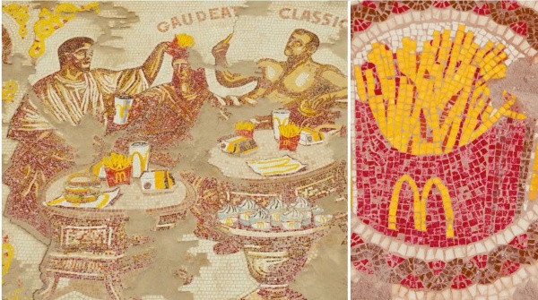 McDonald's выложил в центре Рима античную мозаику из 18000 плиток, на которой того-парни жуют Биг Мак запивая колой. Кампания притворяется археологической находкой, и все бы ничего, но выглядит пугающе органично - будто бренд существовал и при Цезаре.

Рим пал не от варваров, а от картошечки фри!