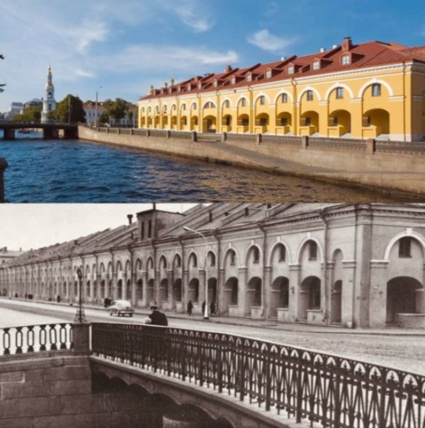 Здание Никольского рынка на Садовой улице в Петербурге до и после реставрации. Несколько лет "АСМ" исследовало и разрабатывало проект реставрации здания бывшего рынка, где сегодня размещаются отели и рестораны. Завершало проект "Литейная часть 91".