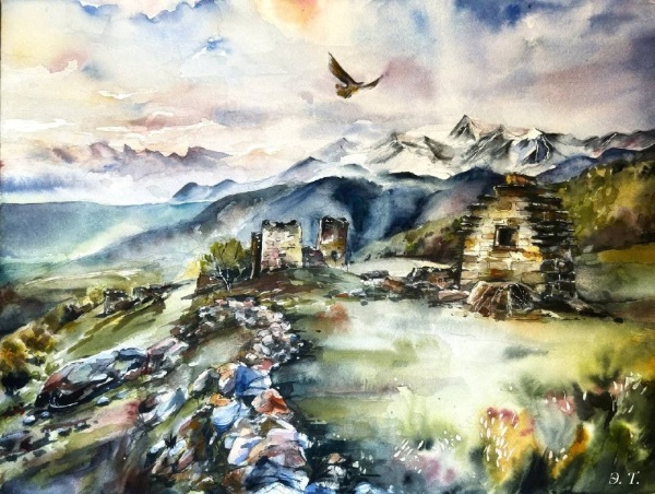 Вместе с весной реставрационные работы пришли и на башенный комплекс "Кели" в горной Ингушетии. Реставраторы "Русь строй" по проекту "АСМ Групп" пока занимаются каменной кладкой жилых башен.

Новая картина Элины Тришиной как раз и застала весну на Кели до реставрации.