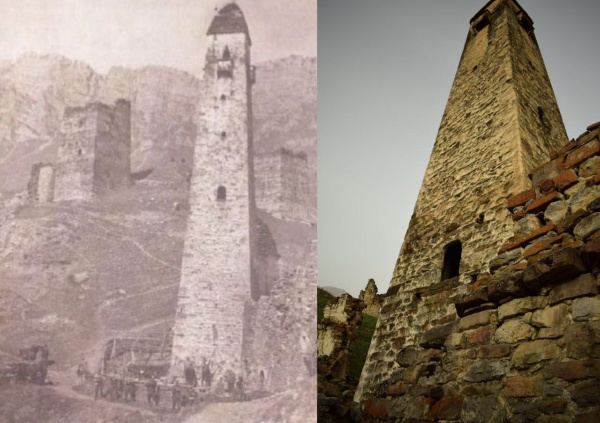 Collection of historical archival photographs and materials is an obligatory part of the preparatory work of ASM Group, preceding the restoration project.
Archival photographs and drawings allow you to accurately determine the losses, and often help to clarify which buildings surrounded them.

This allows you to approach the design as accurately as possible, balanced, from the standpoint of historical reliability.

Specialists of "ASM Group" try to repeat the angles of such photos so that the comparative analysis is the most visual.
But this is not always possible, as is the case with the Meller battle tower.

The pre-revolutionary photo was taken from a fairly long distance - the tower is perfectly visible to the full height, without any prospective distortions. Today, such an angle is impossible - due to numerous landslides of the slope, the tower is now located near the cliff and photofixation is possible only from a distance of several steps from the walls.