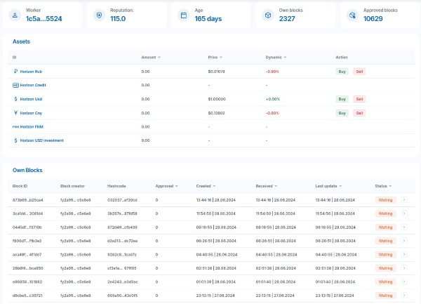 Все пользователи сторонних систем, использующих Горизонт, которые за последние 3 месяца хотя бы 1 раз проходили авторизацию в любом клиентском приложении, были верифицированы в Горизонте.

Информацию о воркере можно найти в мониторе операций Горизонта. https://ankhorizon.com/

На странице воркера можно видеть:
- Собственные блоки,
- Чужие подтверждённые блоки,
- Балансы своих активов в системе (баллы, системные валюты, и тд),
- Операции, произведённые в Горизонте,
- Прочие данные воркера.

Если воркера у пользователя нет, значит пользователь ещё не проходил верификацию. Это произойдёт автоматически после первого взаимодействия с любым клиентским приложением.

Найти своего воркера в Горизонте можно, например, пройдя авторизацию в web приложении системы «Территория» и через dashboard перейти на страницу вашего воркера.